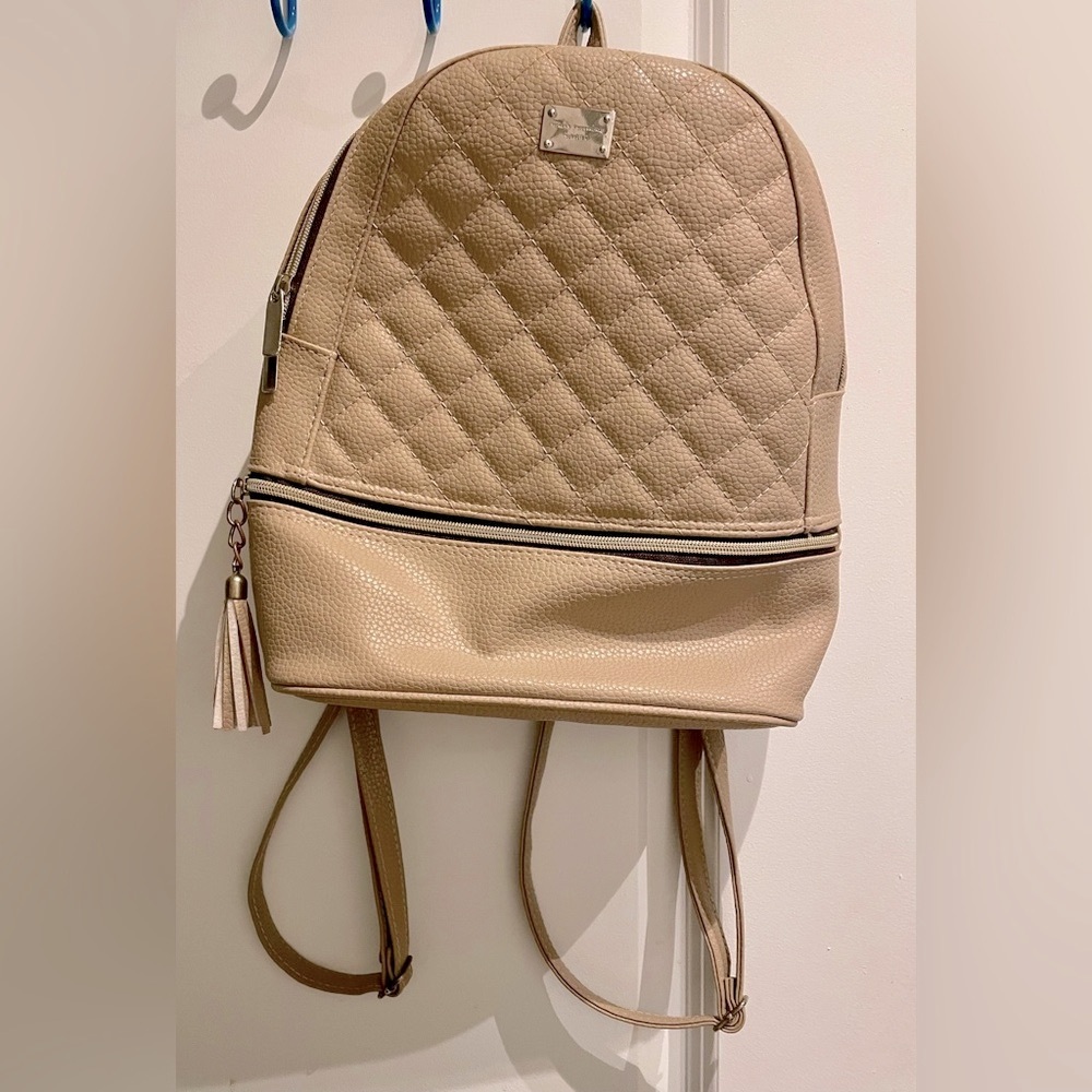 Elegant Tan Faux Leather Quilted Backpack – Lightly Used